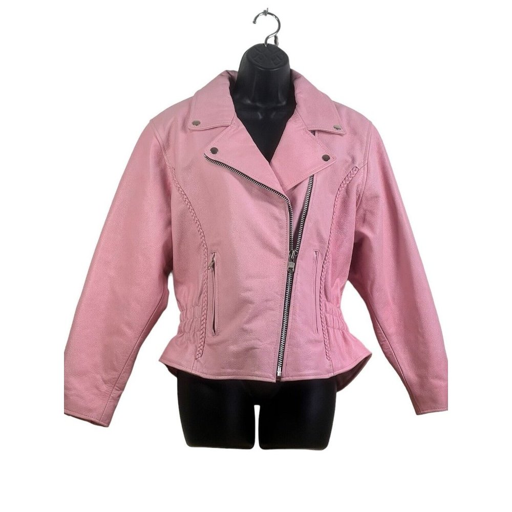 vtg Jamin Leather Pink 100% Leather Biker Moto Jacket womens sz M/L made in USA‎